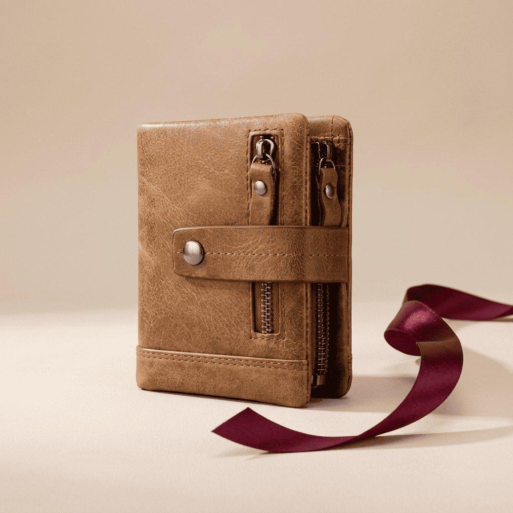 Portefeuille compact cuir véritable fermeture intégrale marron clair Nerion avec ruban bordeaux — Novaleor