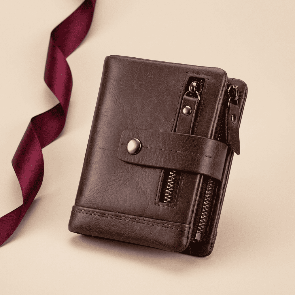 Portefeuille compact cuir véritable fermeture intégrale marron Nerion avec ruban bordeaux — Novaleor