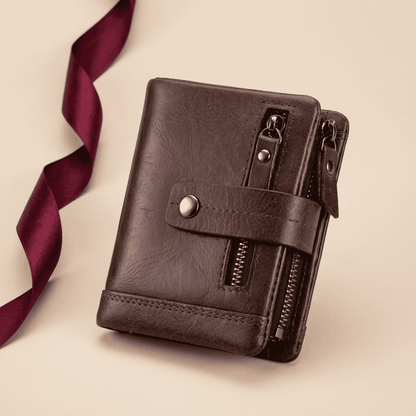 Portefeuille compact cuir véritable fermeture intégrale marron Nerion avec ruban bordeaux — Novaleor