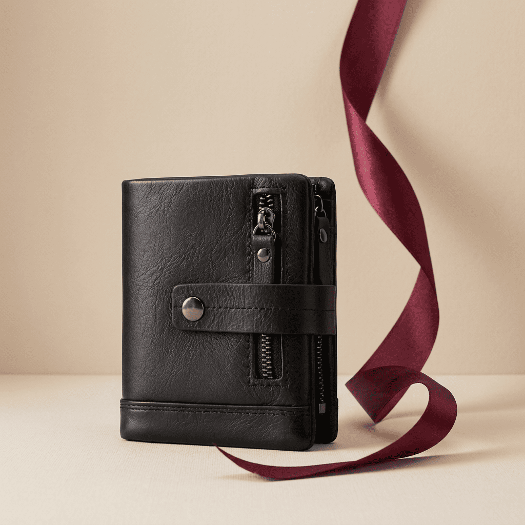 Portefeuille compact cuir véritable fermeture intégrale noir Nerion avec ruban bordeaux — Novaleor