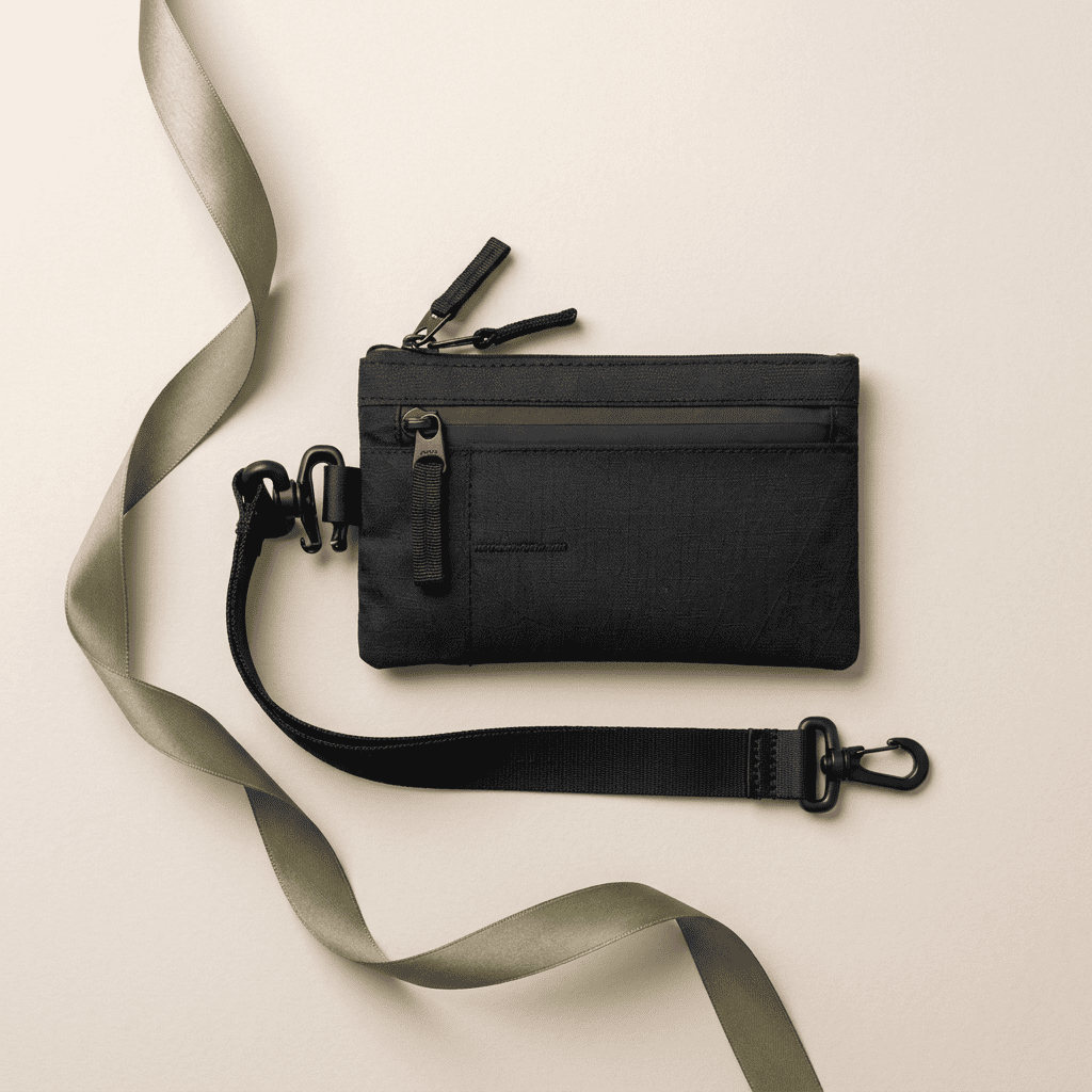 Portefeuille homme compact nylon RFID noir avec attache ceinture Nox Strap et ruban vert kaki — Novaleor