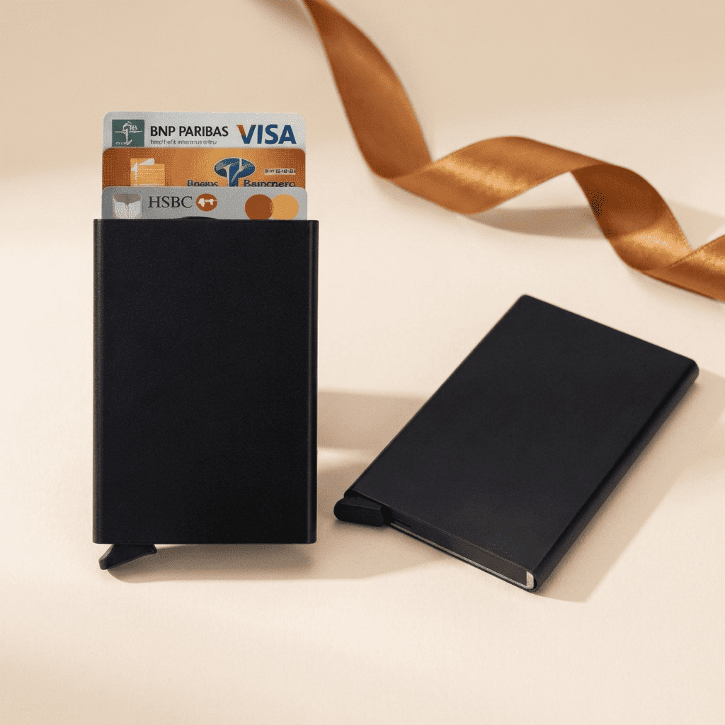 Porte-cartes RFID métallique compact noir Orion avec ruban cognac doré — Novaleor
