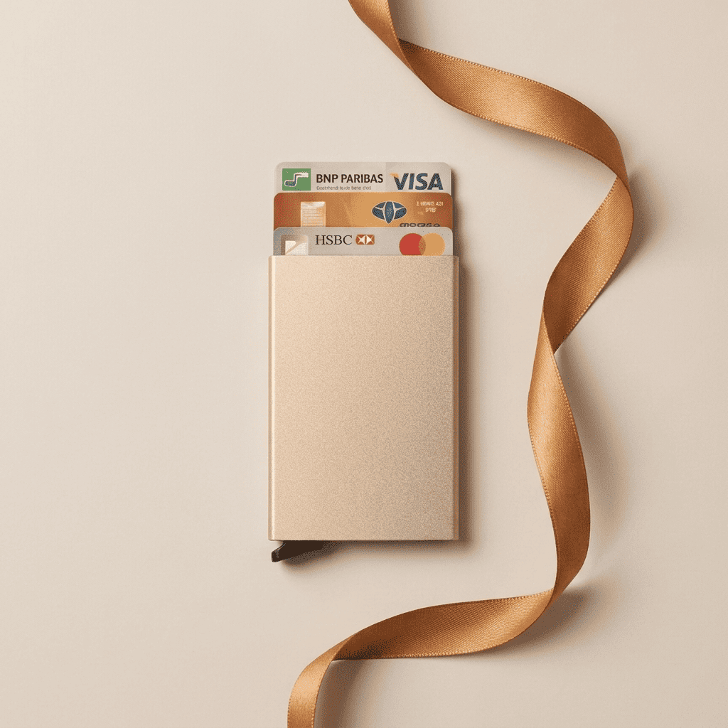 Porte-cartes RFID métallique compact or Orion avec ruban cognac doré — Novaleor