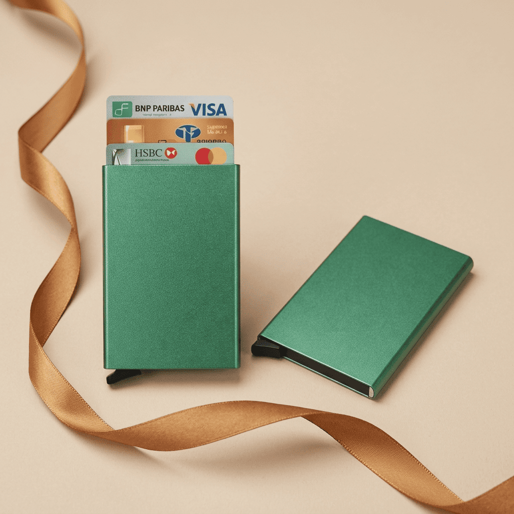 Porte-cartes RFID métallique compact vert Orion avec ruban cognac doré — Novaleor
