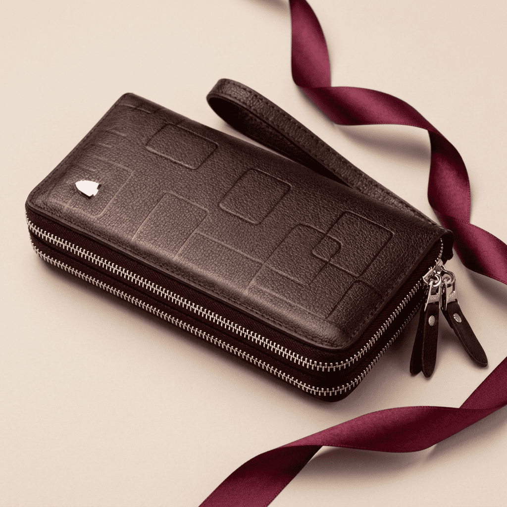 Portefeuille homme zippé grande capacité cuir véritable marron Orvian avec ruban bordeaux — Novaleor