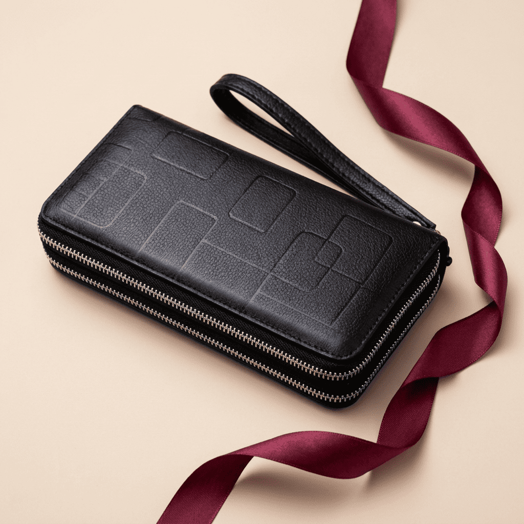 Portefeuille homme zippé grande capacité cuir véritable noir Orvian avec ruban bordeaux — Novaleor