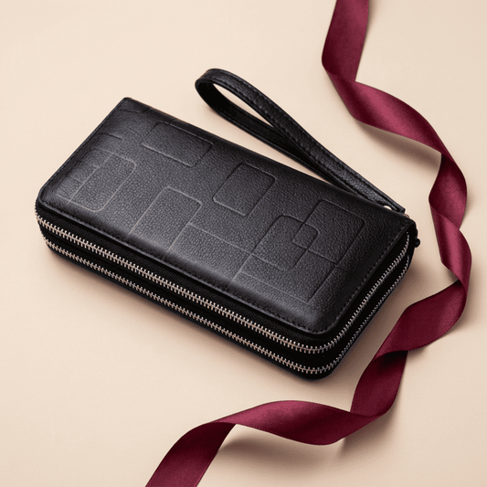 Portefeuille homme zippé grande capacité cuir véritable noir Orvian avec ruban bordeaux — Novaleor