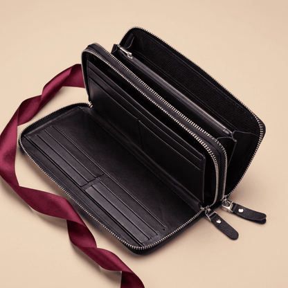 Portefeuille homme zippé grande capacité cuir véritable marron ouvert Orvian avec ruban bordeaux — Novaleor