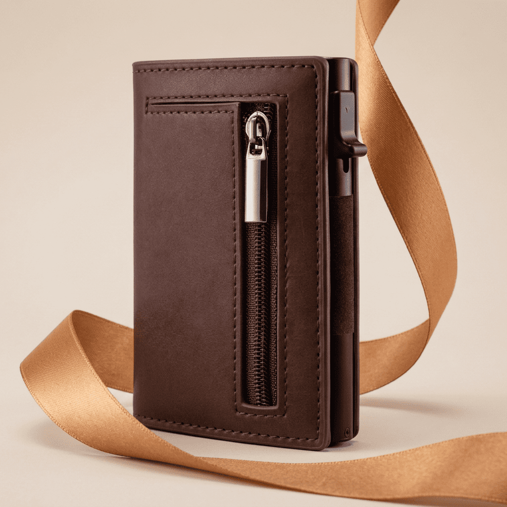 Porte-cartes RFID compact pop-up marron Pulson avec ruban cognac doré — Novaleor