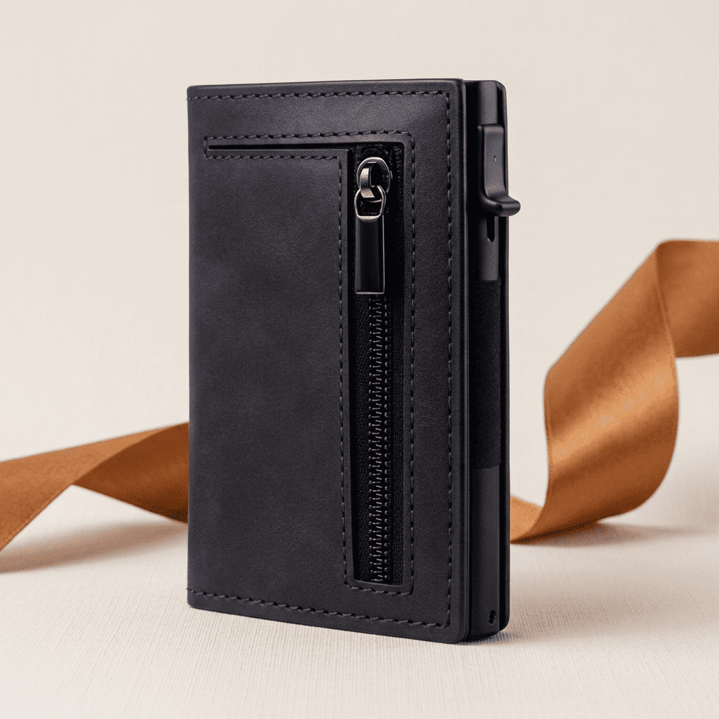 Porte-cartes RFID compact pop-up noir Pulson avec ruban cognac doré — Novaleor