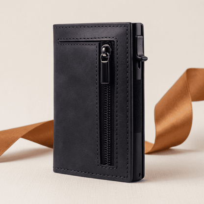 Porte-cartes RFID compact pop-up noir Pulson avec ruban cognac doré — Novaleor