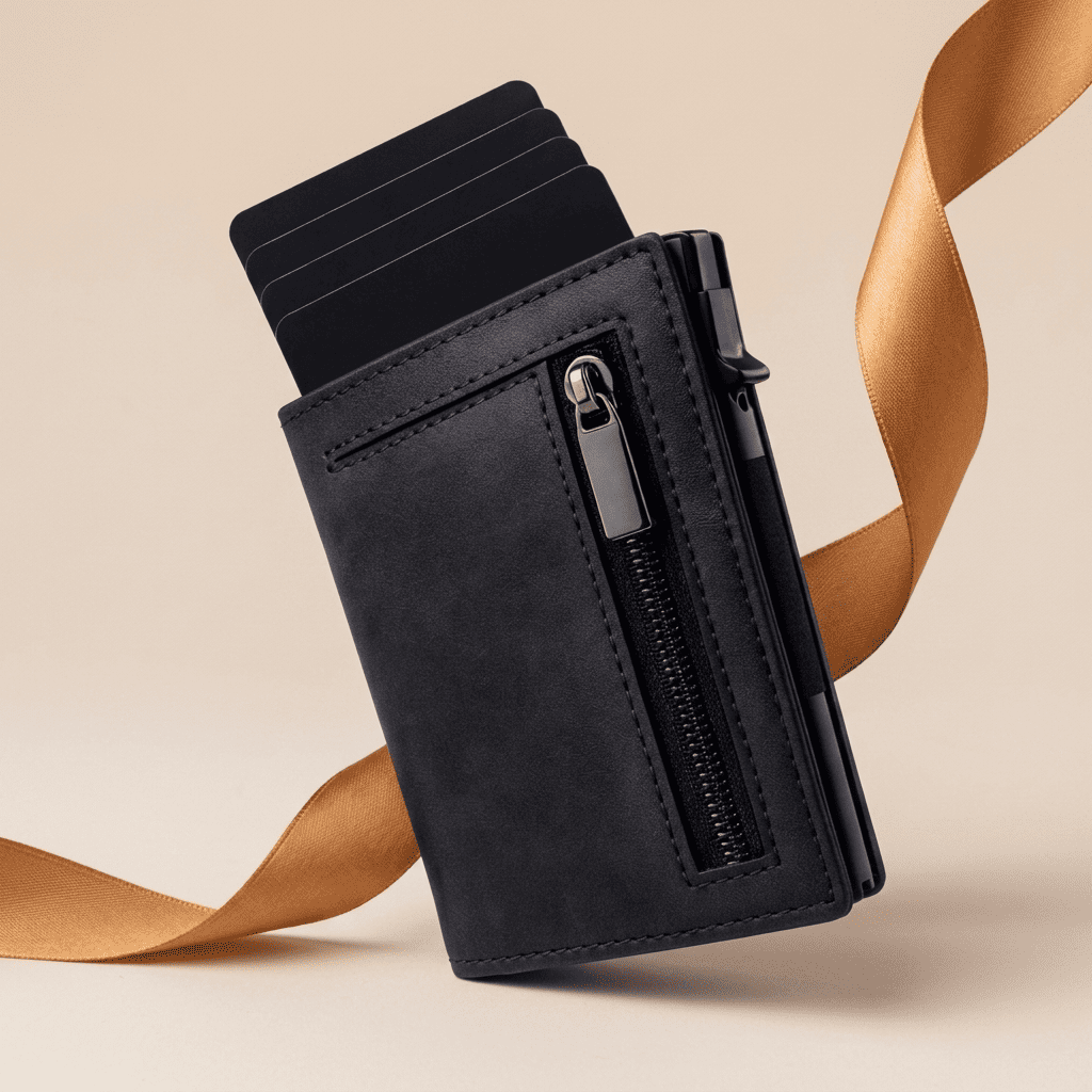 Porte-cartes RFID compact pop-up ouvert compartiments Pulson avec ruban cognac doré — Novaleor