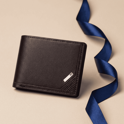 Portefeuille homme fin minimaliste cuir synthétique café Kael avec ruban bleu nuit — Novaleor