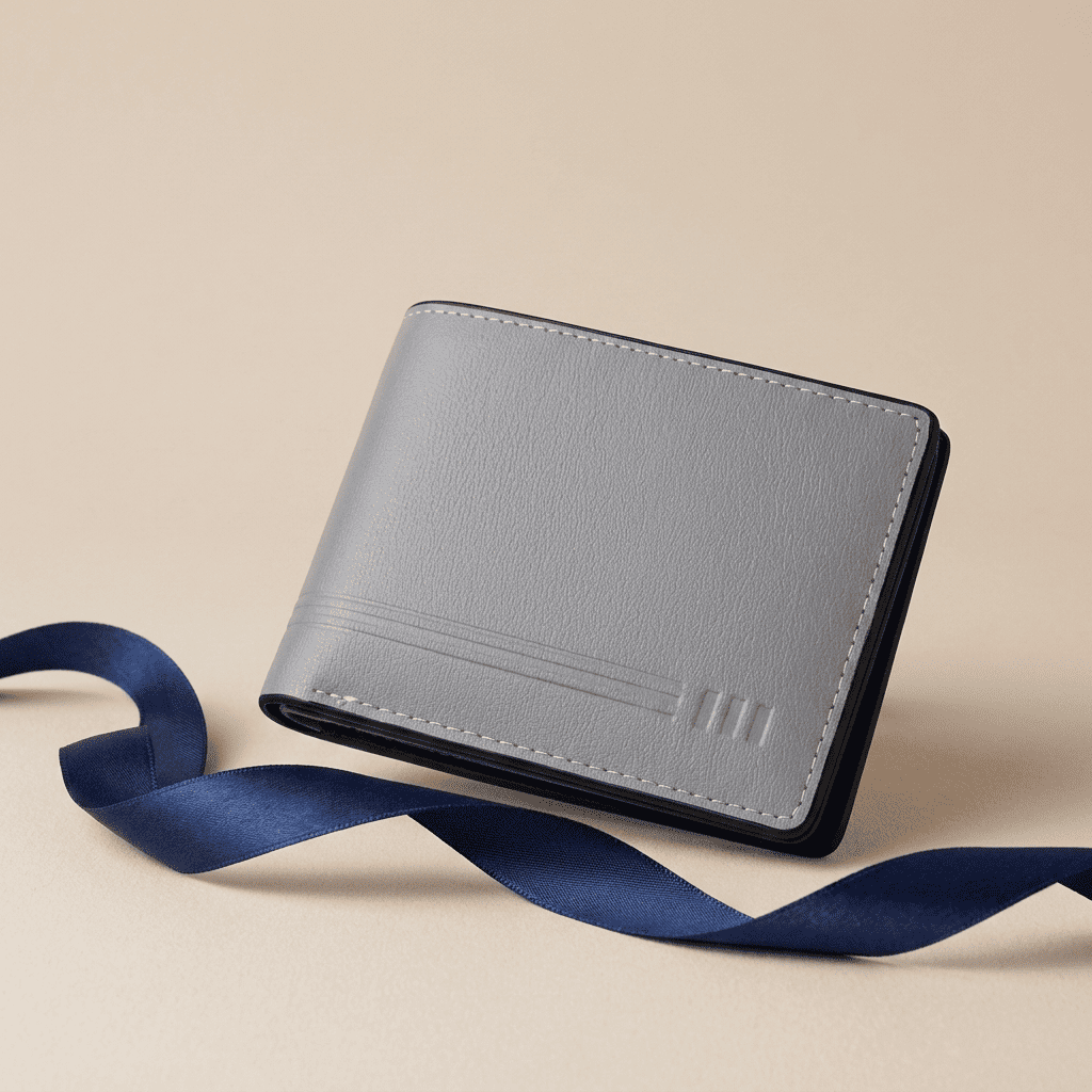 Portefeuille homme compact rétro poche zippée en cuir synthétique gris Ravian avec ruban bleu nuit — Novaleor