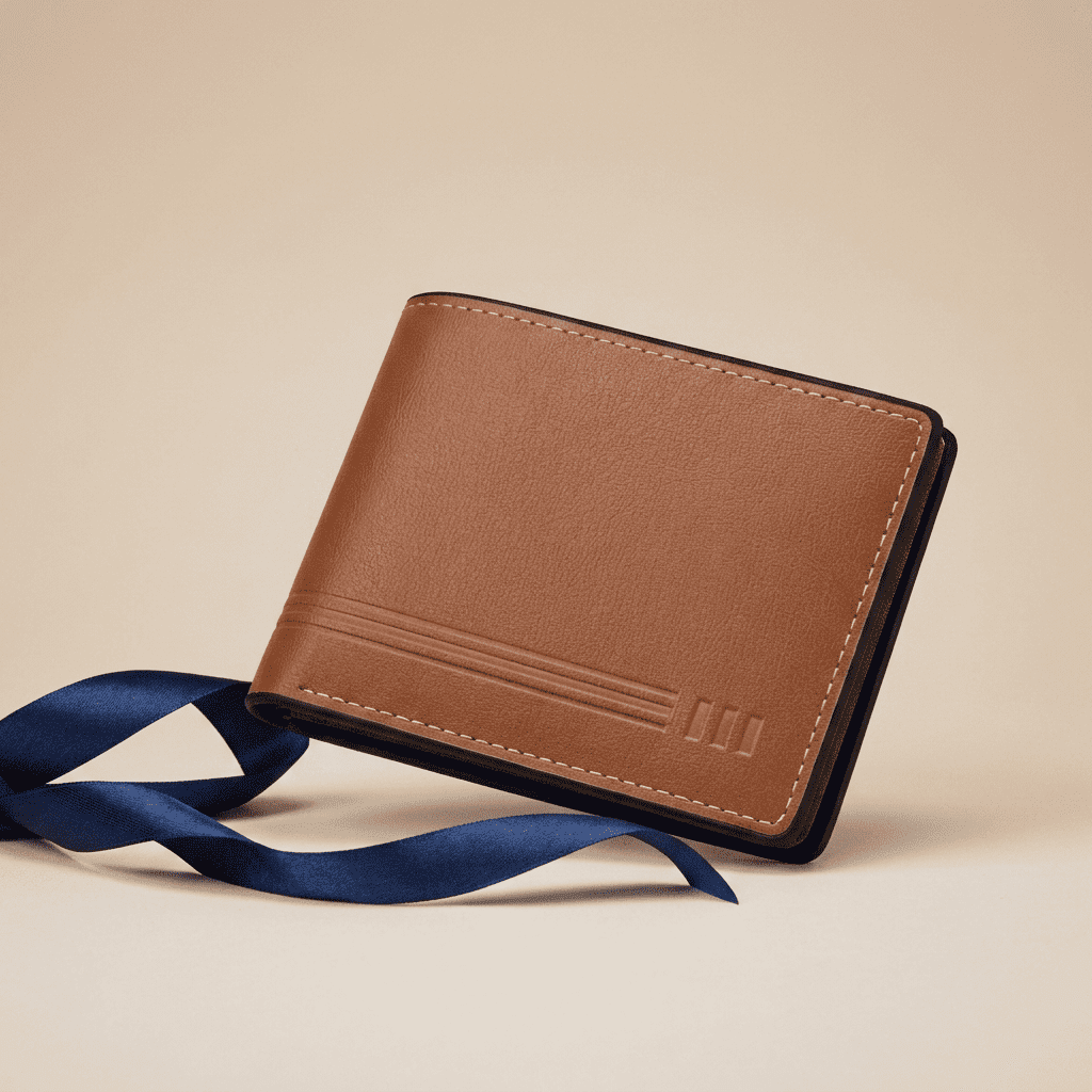 Portefeuille homme compact rétro poche zippée en cuir synthétique marron clair Ravian avec ruban bleu nuit — Novaleor