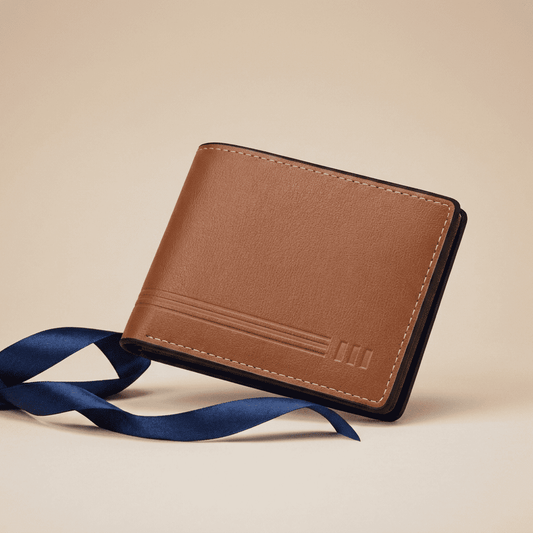 Portefeuille homme compact rétro poche zippée en cuir synthétique marron clair Ravian avec ruban bleu nuit — Novaleor
