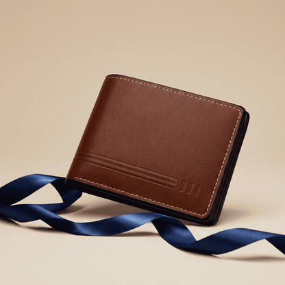 Portefeuille homme compact rétro poche zippée en cuir synthétique marron Ravian avec ruban bleu nuit — Novaleor