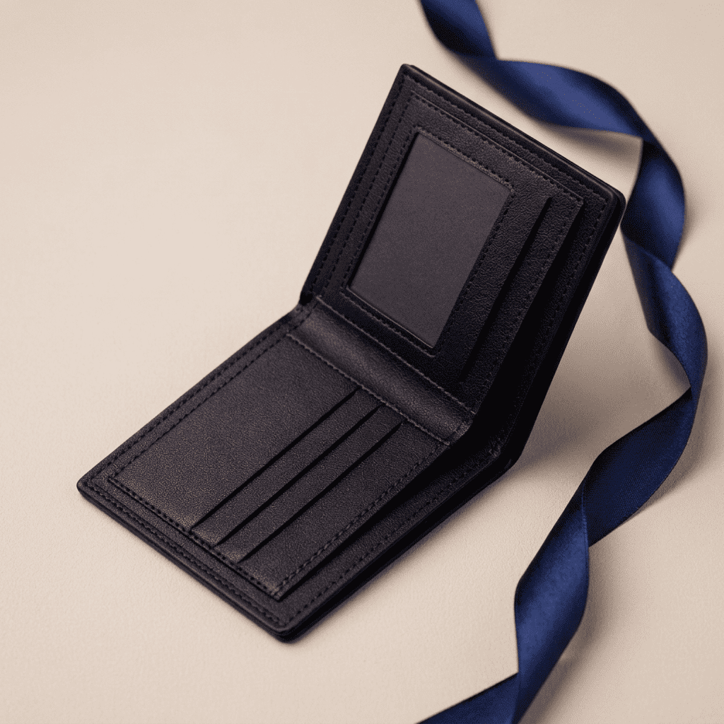 Portefeuille homme fin minimaliste cuir synthétique noir ouvert Kael avec ruban bleu nuit — Novaleor