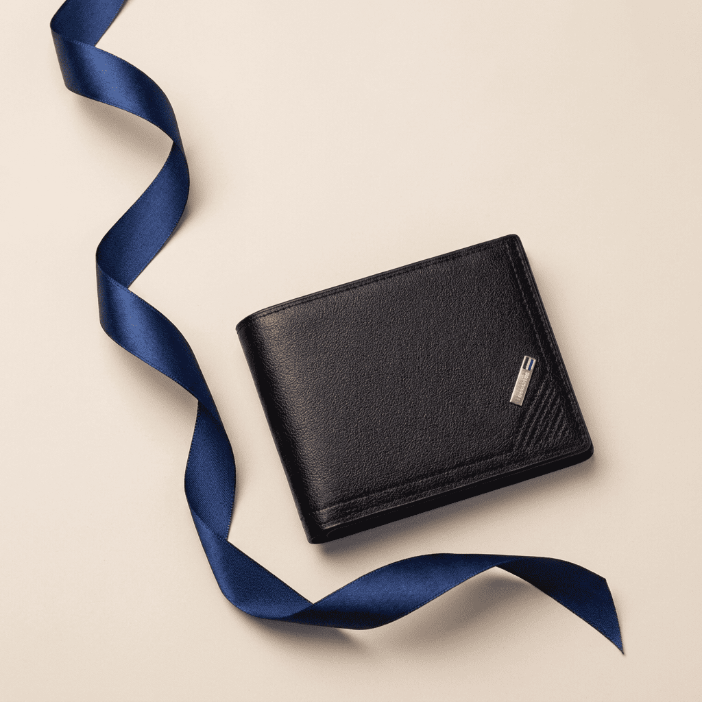 Portefeuille homme fin minimaliste cuir synthétique noir Kael avec ruban bleu nuit — Novaleor