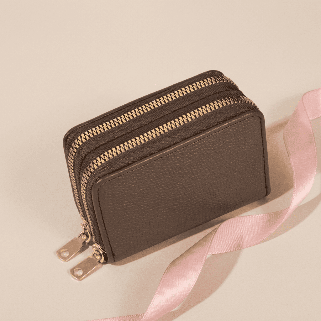 Portefeuille femme compact zippé grande capacité en cuir synthétique marron Serenya avec ruban rose poudré — Novaleor