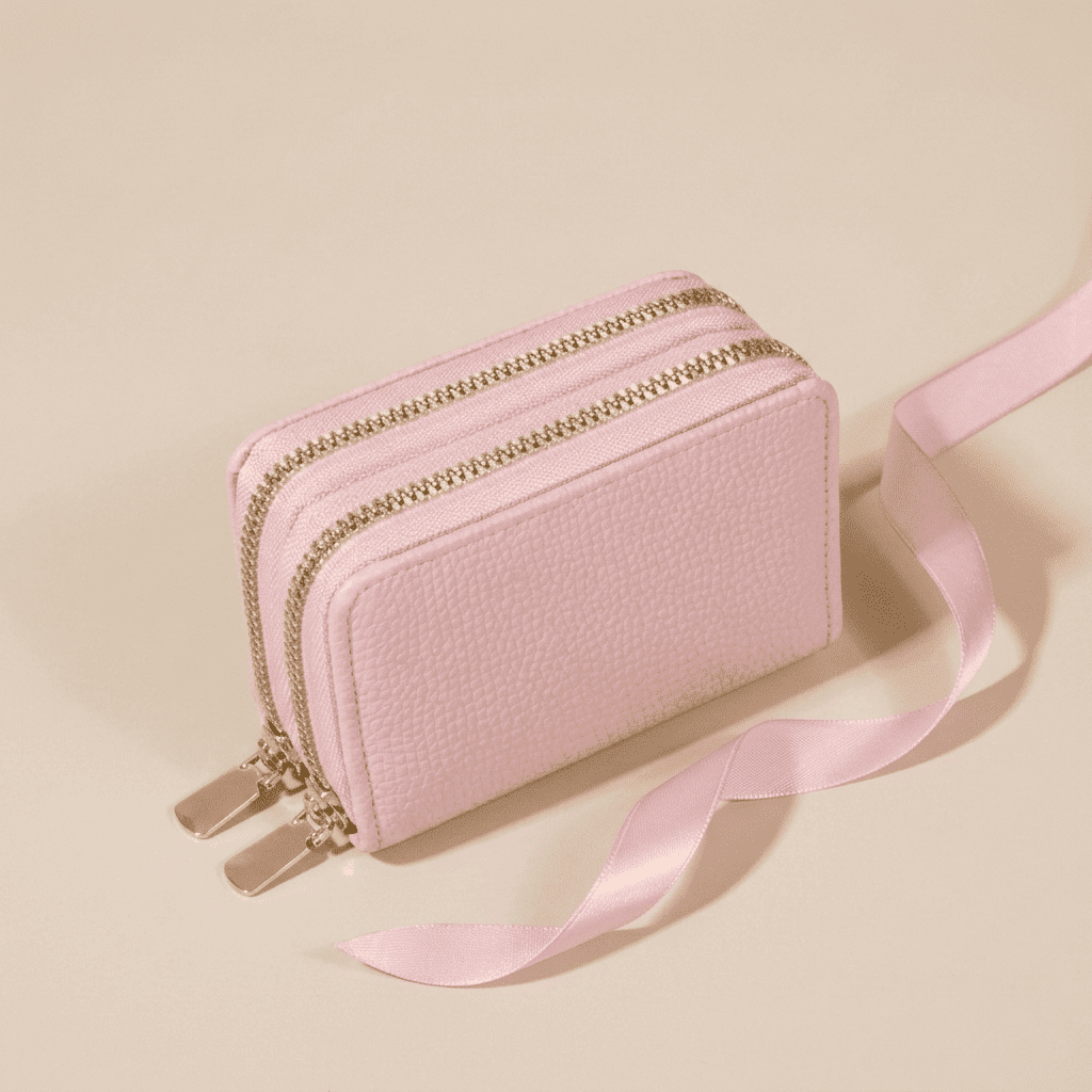 Portefeuille femme compact zippé grande capacité en cuir synthétique rose Serenya avec ruban rose poudré — Novaleor