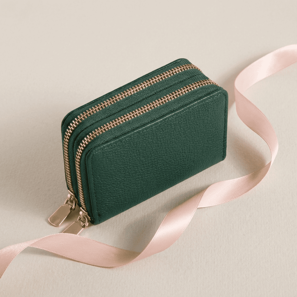 Portefeuille femme compact zippé grande capacité en cuir synthétique vert Serenya avec ruban rose poudré — Novaleor