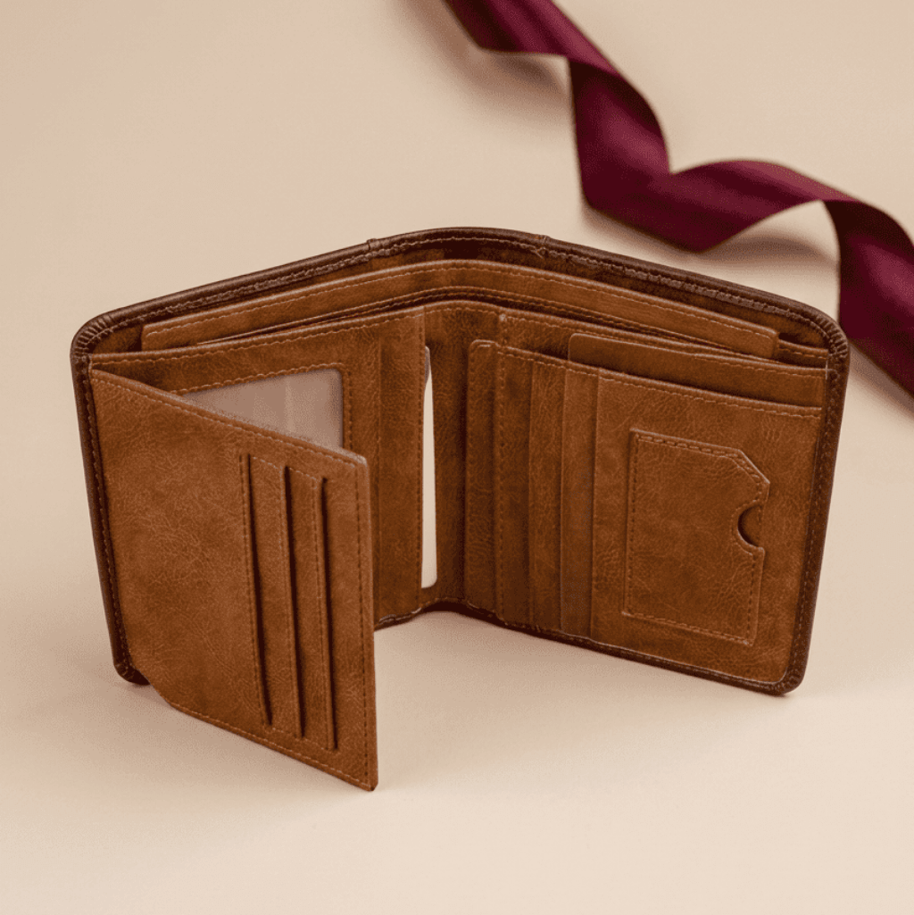 Portefeuille homme 3 volets cuir véritable RFID marron ouvert compartiments Théon Trio avec ruban bordeaux — Novaleor