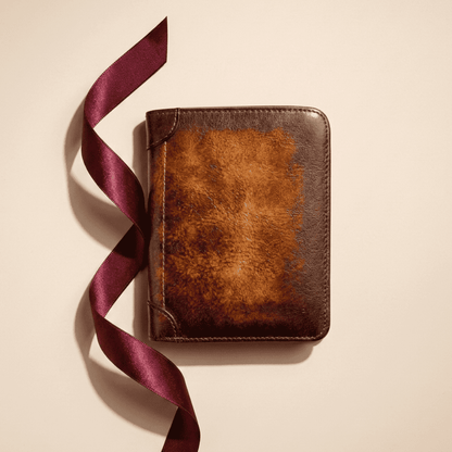 Portefeuille homme 3 volets cuir véritable RFID marron Théon Trio avec ruban bordeaux — Novaleor