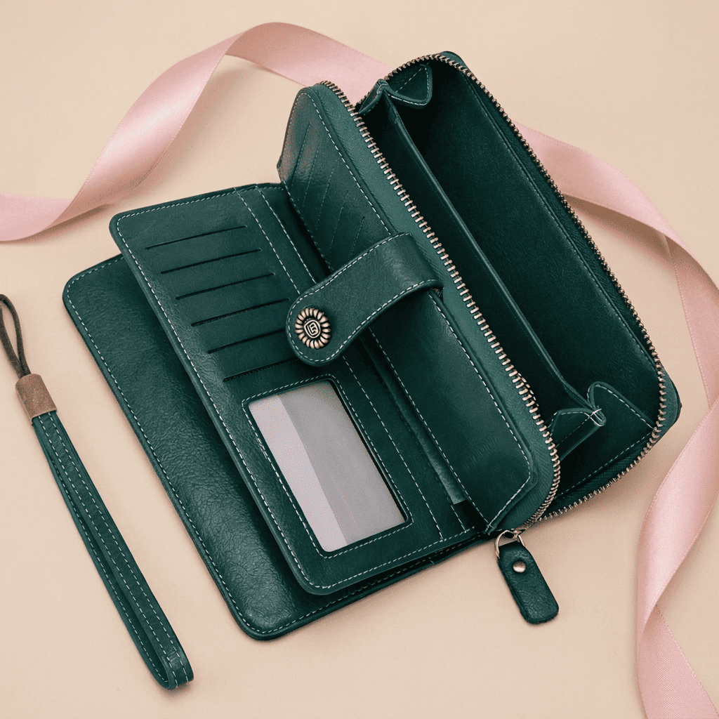 Portefeuille femme long RFID cuir synthétique bleu ouvert Valéria avec ruban rose poudré — Novaleor