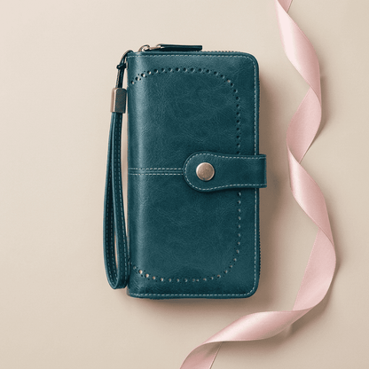 Portefeuille femme long RFID cuir synthétique bleu Valéria avec ruban rose poudré — Novaleor