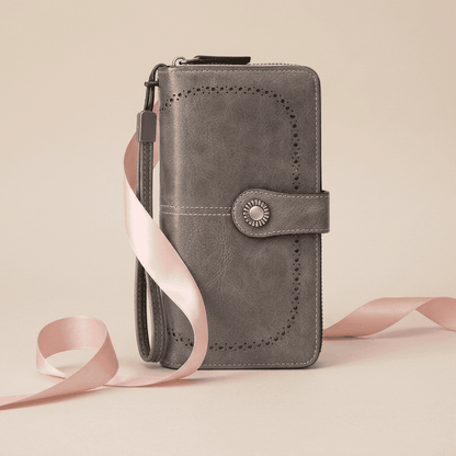 Portefeuille femme long RFID cuir synthétique gris Valéria avec ruban rose poudré — Novaleor