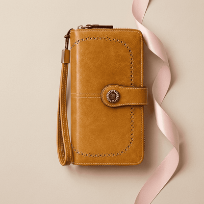 Portefeuille femme long RFID cuir synthétique marron clair Valéria avec ruban rose poudré — Novaleor