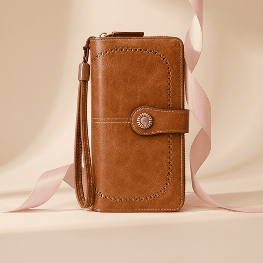 Portefeuille femme long RFID cuir synthétique marron Valéria avec ruban rose poudré — Novaleor