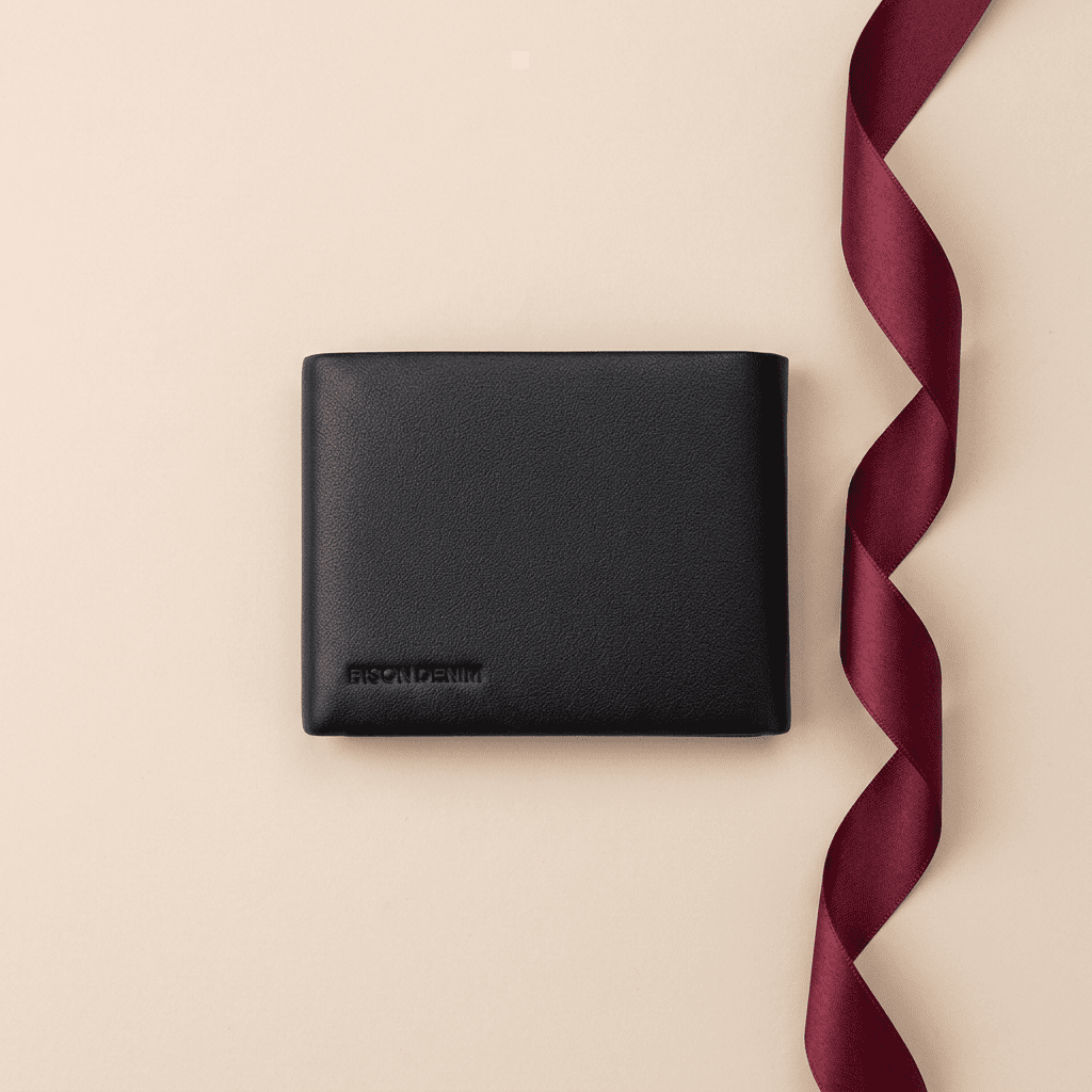 Portefeuille homme compact cuir véritable motif cerf vintage noir arrière Velmor avec ruban bordeaux — Novaleor