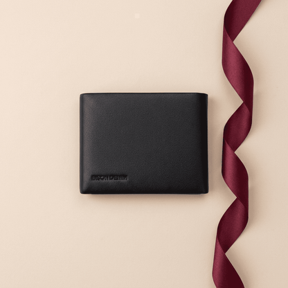 Portefeuille homme compact cuir véritable motif cerf vintage noir arrière Velmor avec ruban bordeaux — Novaleor