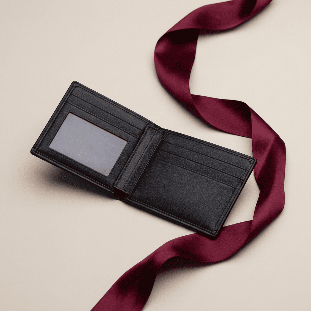 Portefeuille homme compact cuir véritable motif cerf vintage ouvert Velmor avec ruban bordeaux — Novaleor