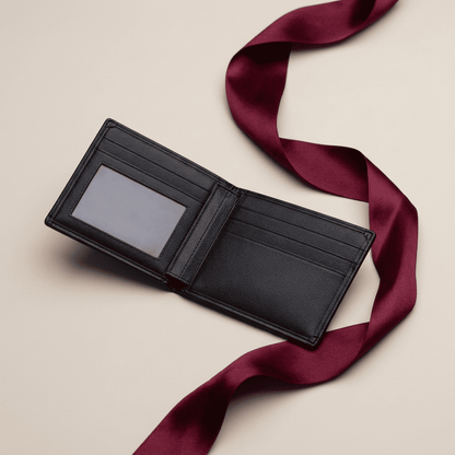 Portefeuille homme compact cuir véritable motif cerf vintage ouvert Velmor avec ruban bordeaux — Novaleor