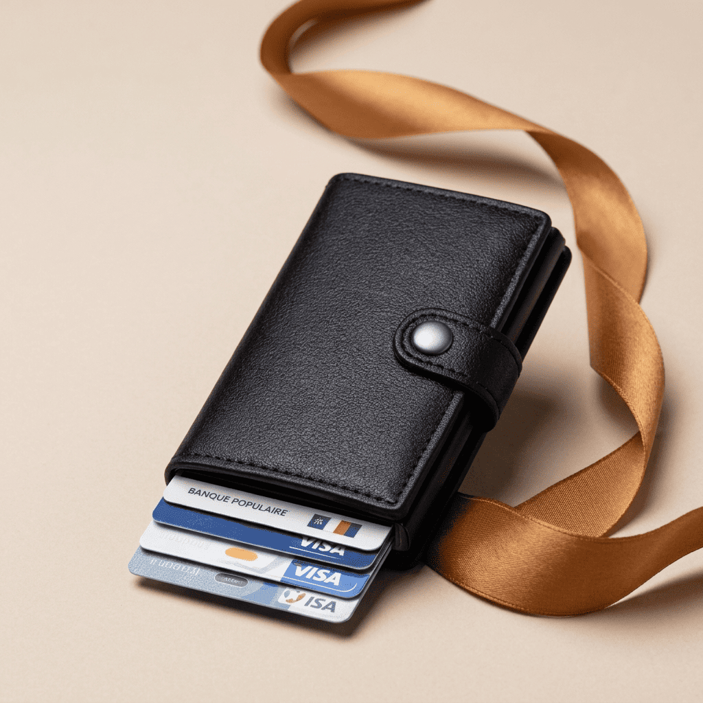 Porte-cartes RFID métallique slim noir ouvert Vireon avec ruban cognac doré — Novaleor