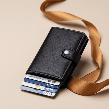 Porte-cartes RFID métallique slim noir ouvert Vireon avec ruban cognac doré — Novaleor