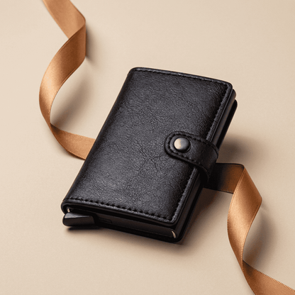 Porte-cartes RFID métallique slim noir Vireon avec ruban cognac doré — Novaleor