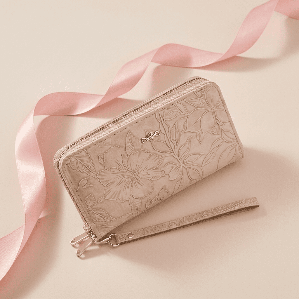 Portefeuille femme grande capacité double zip motif floral en cuir synthétique beige Zyra avec ruban rose poudré — Novaleor