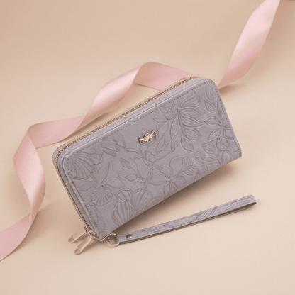 Portefeuille femme grande capacité double zip motif floral en cuir synthétique gris Zyra avec ruban rose poudré — Novaleor