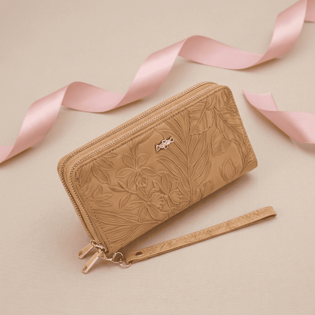 Portefeuille femme grande capacité double zip motif floral en cuir synthétique marron Zyra avec ruban rose poudré — Novaleor