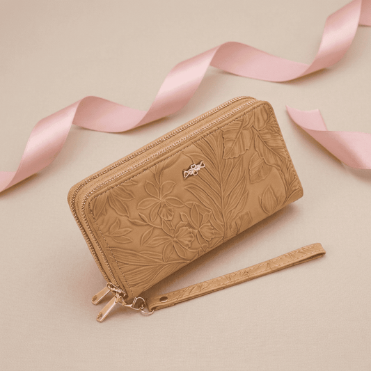 Portefeuille femme grande capacité double zip motif floral en cuir synthétique marron Zyra avec ruban rose poudré — Novaleor
