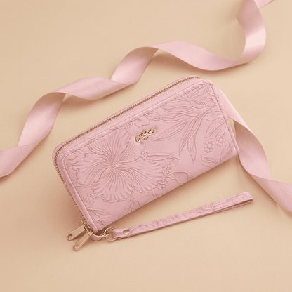Portefeuille femme grande capacité double zip motif floral en cuir synthétique rose Zyra avec ruban rose poudré — Novaleor