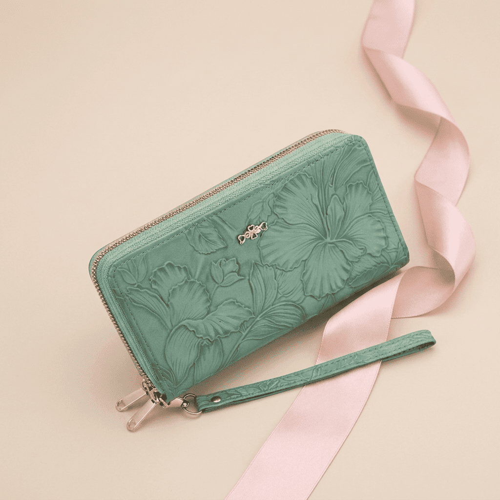 Portefeuille femme grande capacité double zip motif floral en cuir synthétique vert Zyra avec ruban rose poudré — Novaleor