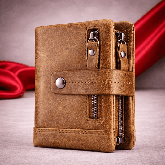 petit portefeuille en cuir marron clair avec fermeture pression et poches zippées | Novaleor