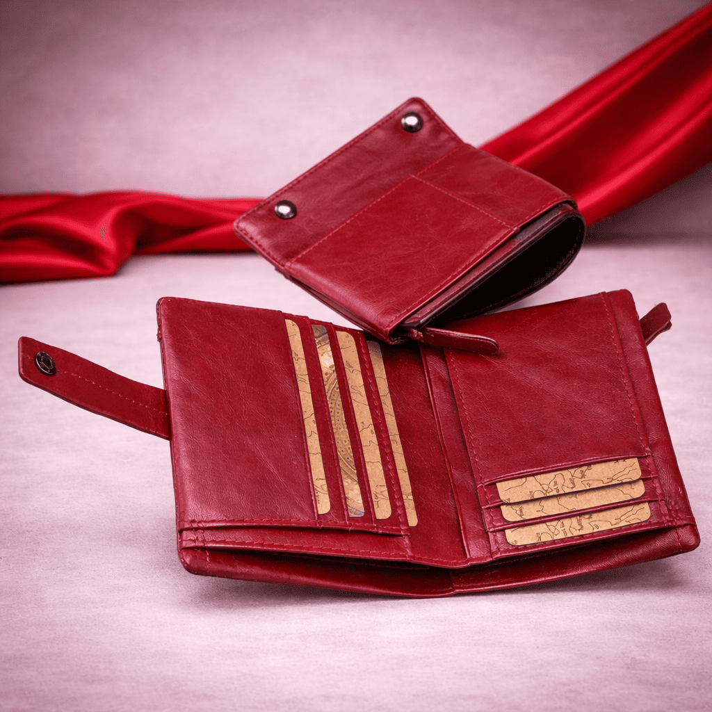 portefeuille en cuir rouge ouvert avec rangements cartes et compartiments zippés | Novaleor