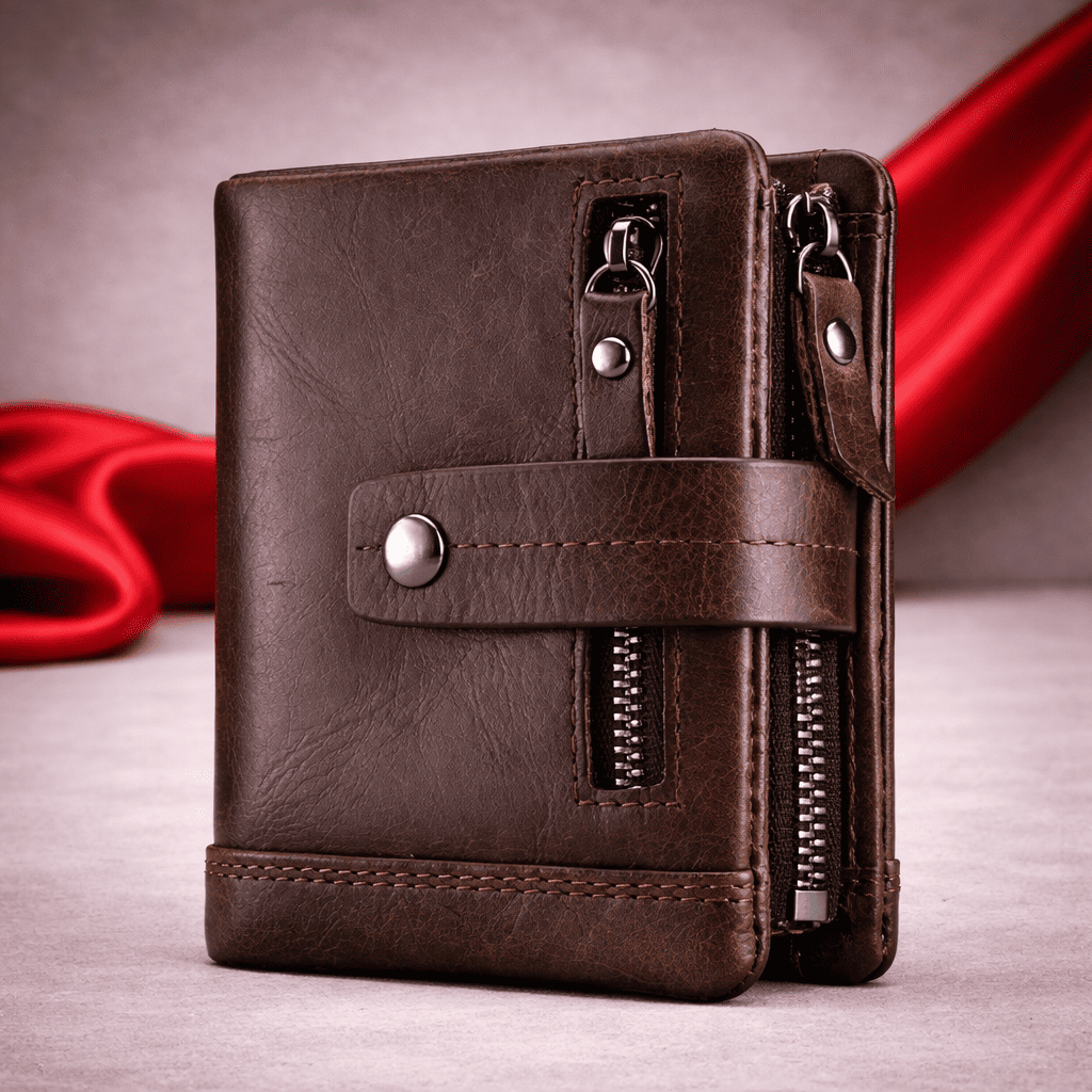 portefeuille en cuir marron fonce avec fermeture pression et compartiments zippes | Novaleor