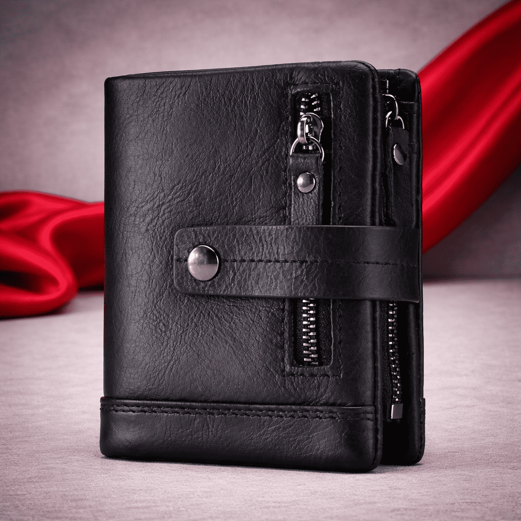 petit-portefeuille en cuir noir avec fermeture pression et poches zippées | Novaleor